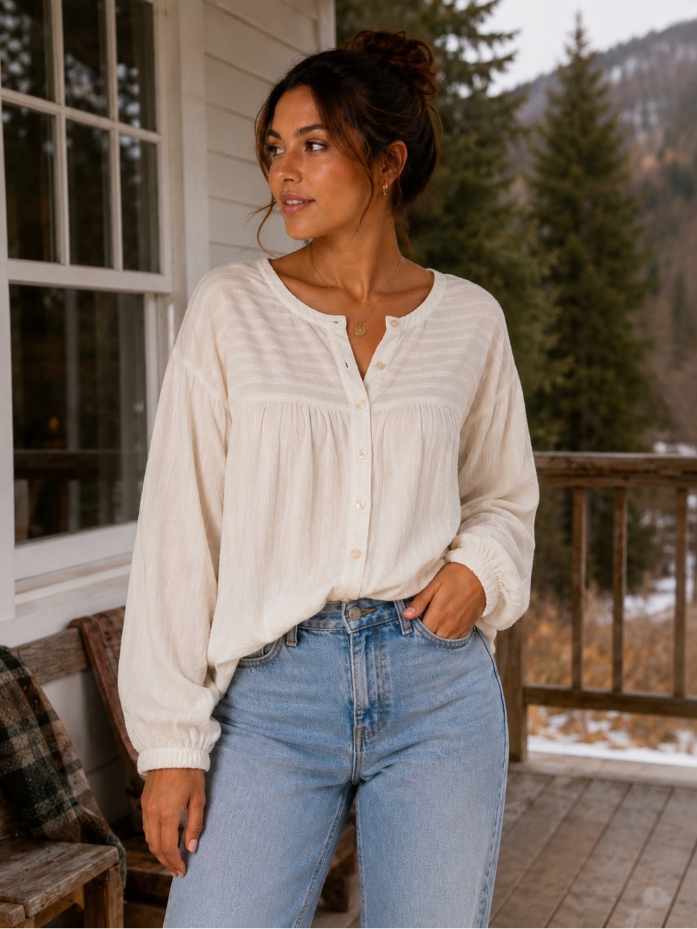 Faherty Lena Organic Cotton puff Sleeve Button Top Sz L